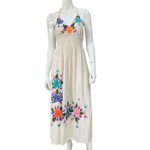 Vintage White Cotton Gauzy Halter Dress Hand Painted Florals S/M